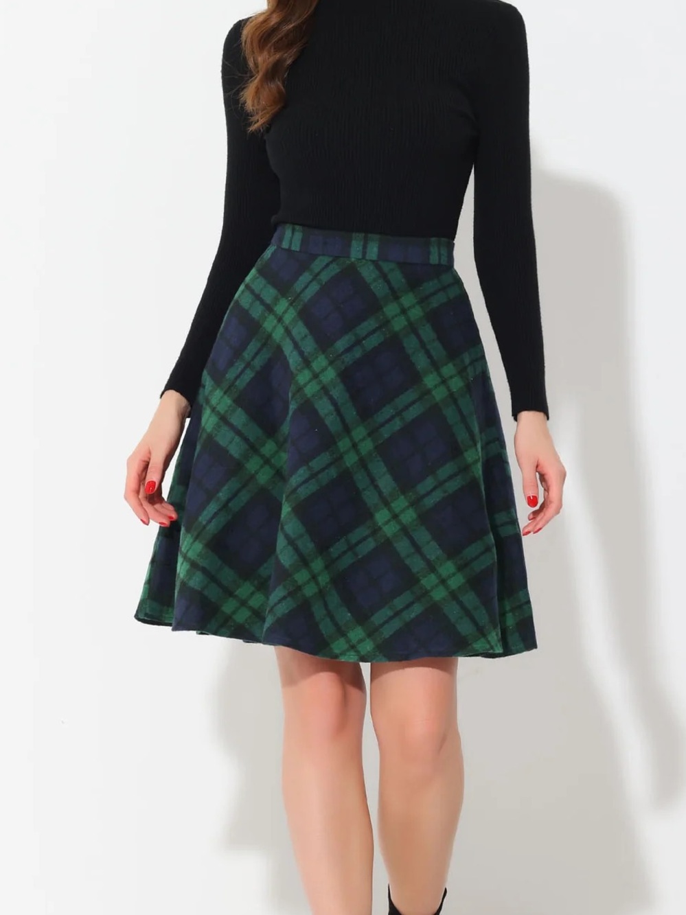 Allegra K Green Plaid Tartan Vintage Elastic Waist Knee Length A-Line Skirt L